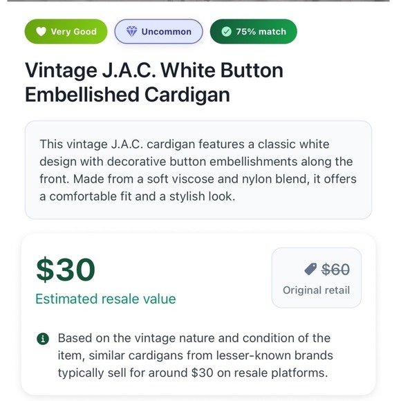 Vintage JAC White Button Embellished Cardigan Lightweight Viscose Nylon Blend - Picture 7 of 7